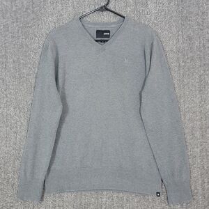 Hurley Sweater Mens Large Gray 100% Cotton V-Neck Preppy Logo Pullover